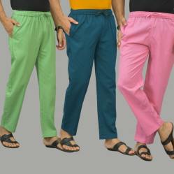 Combo of 3 Parrot Green Blue and Pink Cotton Men Pants-46043