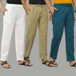 Combo of 3 White Beige and Blue Cotton Men Pants-45811