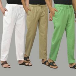Combo of 3 White Beige and Parrot Green Cotton Men Pants-45810