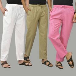 Combo of 3 White Beige and Pink Cotton Men Pants-45812