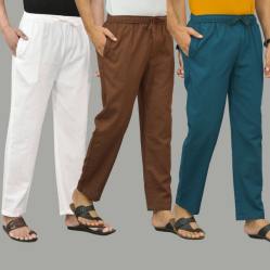 Combo of 3 White Coffee Brown and Blue Cotton Men Pants-45804