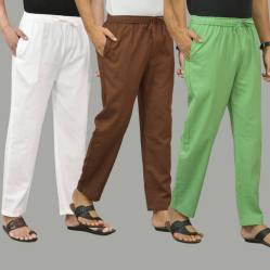 Combo of 3 White Coffee Brown and Parrot Green Cotton Men Pants-45803