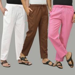 Combo of 3 White Coffee Brown and Pink Cotton Men Pants-45805