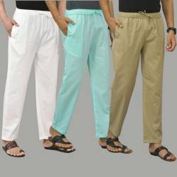 Combo of 3 White Cyan and Beige Cotton Men Pants-45746
