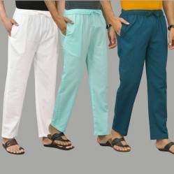Combo of 3 White Cyan and Blue Cotton Men Pants-45748