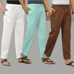 Combo of 3 White Cyan and Coffee Brown Cotton Men Pants-45744
