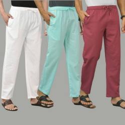 Combo of 3 White Cyan and Dark Red Cotton Men Pants-45738