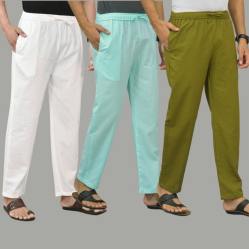 Combo of 3 White Cyan and Mos Green Cotton Men Pants-45739