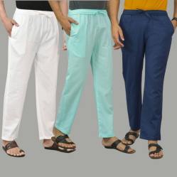 Combo of 3 White Cyan and Navy Blue Cotton Men Pants-45740