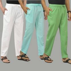 Combo of 3 White Cyan and Parrot Green Cotton Men Pants-45747