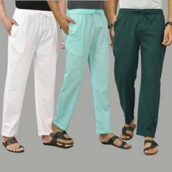 Combo of 3 White Cyan and Teal Blue Cotton Men Pants-45742