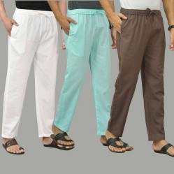 Combo of 3 White Cyan and Wood Brown Cotton Men Pants-45741