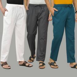 Combo of 3 White Dark Gray and Blue Cotton Men Pants-45808