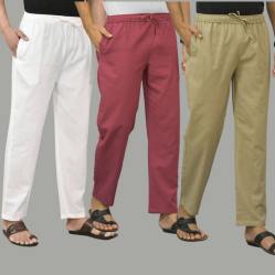 Combo of 3 White Dark Red and Beige Cotton Men Pants-45757