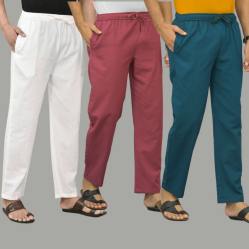 Combo of 3 White Dark Red and Blue Cotton Men Pants-45759