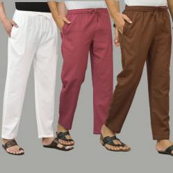 Combo of 3 White Dark Red and Coffee Brown Cotton Men Pants-45755