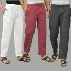 Combo of 3 White Dark Red and Dark Gray Cotton Men Pants-45756