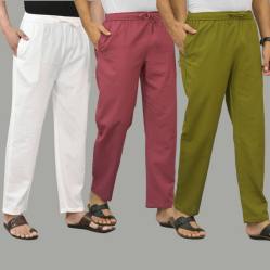 Combo of 3 White Dark Red and Mos Green Cotton Men Pants-45750