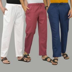 Combo of 3 White Dark Red and Navy Blue Cotton Men Pants-45751