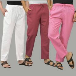 Combo of 3 White Dark Red and Pink Cotton Men Pants-45760