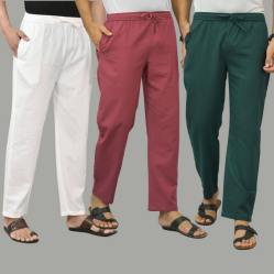 Combo of 3 White Dark Red and Teal Blue Cotton Men Pants-45753