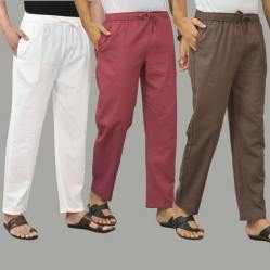 Combo of 3 White Dark Red and Wood Brown Cotton Men Pants-45752