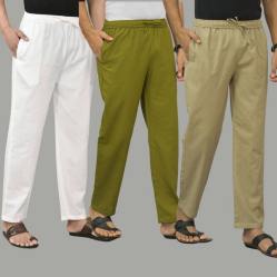 Combo of 3 White Mos Green and Beige Cotton Men Pants-45767