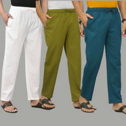 Combo of 3 White Mos Green and Blue Cotton Men Pants-45769