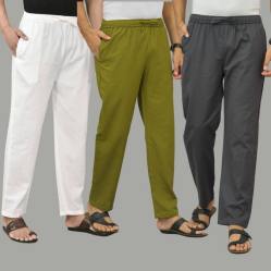 Combo of 3 White Mos Green and Dark Gray Cotton Men Pants-45766