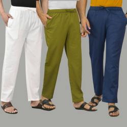 Combo of 3 White Mos Green and Navy Blue Cotton Men Pants-45761