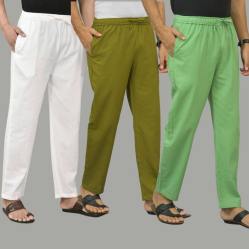 Combo of 3 White Mos Green and Parrot Green Cotton Men Pants-45768