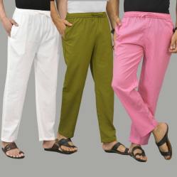 Combo of 3 White Mos Green and Pink Cotton Men Pants-45770