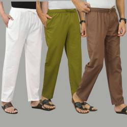 Combo of 3 White Mos Green and Rust Brown Cotton Men Pants-45764