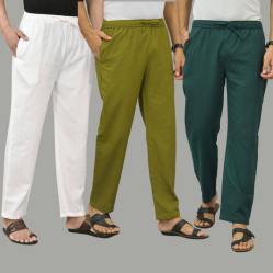 Combo of 3 White Mos Green and Teal Blue Cotton Men Pants-45763
