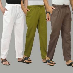 Combo of 3 White Mos Green and Wood Brown Cotton Men Pants-45762