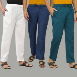 Combo of 3 White Navy Blue and Blue Cotton Men Pants-45778