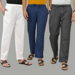 Combo of 3 White Navy Blue and Dark Gray Cotton Men Pants-45775