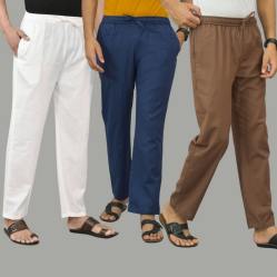 Combo of 3 White Navy Blue and Rust Brown Cotton Men Pants-45773