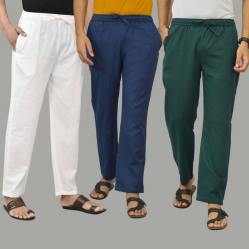 Combo of 3 White Navy Blue and Teal Blue Cotton Men Pants-45772