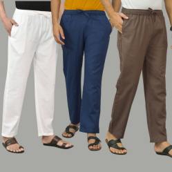 Combo of 3 White Navy Blue and Wood Brown Cotton Men Pants-45771