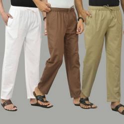 Combo of 3 White Rust Brown and Beige Cotton Men Pants-45797
