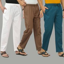 Combo of 3 White Rust Brown and Blue Cotton Men Pants-45799