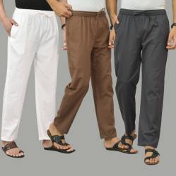 Combo of 3 White Rust Brown and Dark Gray Cotton Men Pants-45796