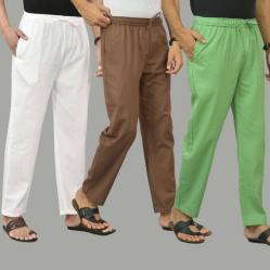 Combo of 3 White Rust Brown and Parrot Green Cotton Men Pants-45798