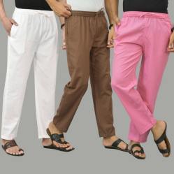 Combo of 3 White Rust Brown and Pink Cotton Men Pants-45800