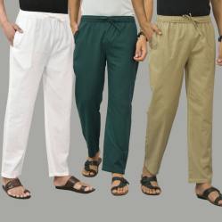 Combo of 3 White Teal Blue and Beige Cotton Men Pants-45791