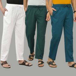 Combo of 3 White Teal Blue and Blue Cotton Men Pants-45793