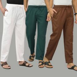Combo of 3 White Teal Blue and Coffee Brown Cotton Men Pants-45789