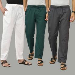 Combo of 3 White Teal Blue and Dark Gray Cotton Men Pants-45790