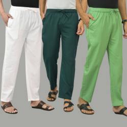 Combo of 3 White Teal Blue and Parrot Green Cotton Men Pants-45792